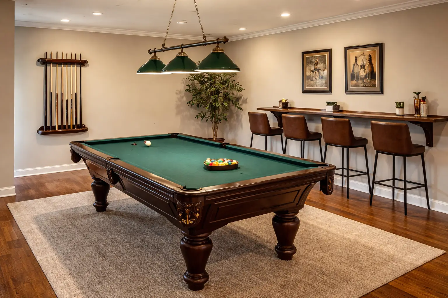 Pool table room with 8 foot table, billiard light, bar stools, and cue rack Pool table room with 8 foot table, billiard light, bar stools, and cue rack